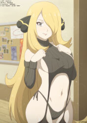 Rule 34 | 1girl, absurdres, alternate costume, artist name, blonde hair, breasts, character name, clenched hands, closed mouth, commentary, copyright name, cowboy shot, creatures (company), cynthia (pokemon), detached sleeves, eyelashes, game freak, grey eyes, hair over one eye, hands up, highres, indoors, long hair, looking at viewer, medium breasts, midriff, navel, nintendo, panties, pokemon, pokemon dppt, side-tie panties, sideboob, smile, solo, tak0baka, underwear, watermark, wooden floor