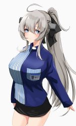 Rule 34 | 1girl, ahoge, alternate costume, alternate hairstyle, black bow, black skirt, bow, employee uniform, grey eyes, hair bow, highres, kantai collection, komb, lawson, long hair, long sleeves, miniskirt, name tag, ponytail, shirt, silver hair, skirt, solo, store clerk, striped clothes, striped shirt, uniform, vertical-striped clothes, vertical-striped shirt, washington (kancolle)