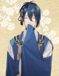 Rule 34 | 10s, 1boy, bad id, bad pixiv id, blue hair, freestyle18, hand on own face, japanese clothes, male focus, mikazuki munechika, sayagata, sleeves past wrists, solo, touken ranbu