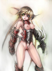 Rule 34 | 1girl, armor, blonde hair, breastless clothes, breasts, gauntlets, girlsay, green eyes, long hair, nipples, original, solo, twintails, uneven twintails, very long hair