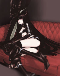Rule 34 | 10s, 1girl, black gold saw, black hair, black rock shooter, breasts, highres, horns, king saw, long hair, medium breasts, open mouth, red eyes, sakamoto mineji, shorts, solo, sword, very long hair, weapon