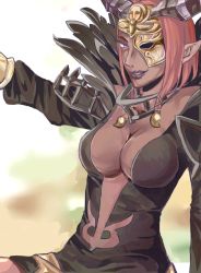 Rule 34 | 1girl, aversa (fire emblem), aversa (fire emblem) (cosplay), breasts, cleavage, cosplay, dark-skinned female, dark skin, female focus, fire emblem, fire emblem awakening, fire emblem echoes: shadows of valentia, fosteremblem, horns, large breasts, lipstick, makeup, mask, mask over one eye, nintendo, nuibaba, pointy ears, purple eyes, red hair, smile, solo