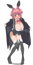 Rule 34 | 1girl, animal ears, black coat, black footwear, boots, bow, bowtie, breasts, cleavage, coat, commentary request, detached collar, fake animal ears, fang, full body, hair intakes, highres, large breasts, leaning forward, leotard, long hair, looking at viewer, miton-chan (miton (turuyasann)), miton (turuyasann), open mouth, original, pink hair, playboy bunny, rabbit ears, red bow, red bowtie, simple background, solo, thigh boots, thighhighs, two side up, white background, white leotard