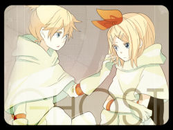 Rule 34 | 1boy, 1girl, blonde hair, blue eyes, brother and sister, cape, gloves, hair ribbon, kagamine len, kagamine rin, poncho, ribbon, siblings, sitting, song name, tama (songe), twins, vocaloid