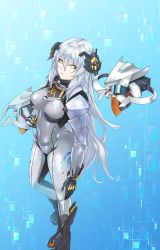 Rule 34 | 1girl, absurdres, black footwear, black gloves, blue background, bodysuit, boots, breasts, closed mouth, covered navel, droid, full body, girls&#039; frontline, gloves, grey bodysuit, grey hair, highres, kepra iii, large breasts, lips, long hair, long sleeves, looking at viewer, nyto (girls&#039; frontline), paradeus, simple background, solo, standing, tareus (girls&#039; frontline), thighs, yellow eyes