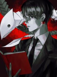 Rule 34 | 1boy, bandaged head, bandages, black eyes, black hair, book, chokeke 005, chrollo lucilfer, earrings, fish, formal, highres, holding, holding book, hunter x hunter, jewelry, looking at viewer, male focus, solo, suit