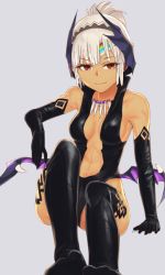 Rule 34 | 10s, 1girl, altera (fate), alternate costume, bare shoulders, black gloves, black legwear, breasts, dark-skinned female, dark skin, elbow gloves, fate/extella, fate/extra, fate/grand order, fate (series), gloves, i-pan, jewelry, light smile, low wings, necklace, red eyes, smile, solo, white hair, wings