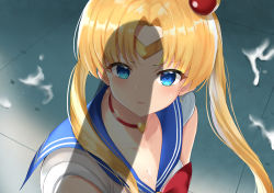 Rule 34 | 1girl, bishoujo senshi sailor moon, blonde hair, blue eyes, blue sailor collar, bow, breasts, choker, circlet, cleavage, collarbone, commentary request, crescent, crescent earrings, cum, cum on floor, cyicheng, derivative work, earrings, hair over shoulder, heart, heart choker, jewelry, long hair, meme, penis, penis shadow, red choker, sailor collar, sailor moon, sailor moon redraw challenge (meme), sailor senshi uniform, sexually suggestive, shadow, signature, solo, solo focus, tsukino usagi, twintails, upper body