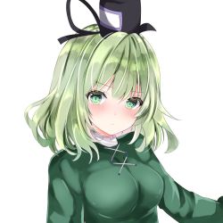 Rule 34 | 1girl, bad id, bad twitter id, black hat, blush, breasts, closed mouth, colored eyelashes, commentary request, cross-laced clothes, dress, frown, green dress, green eyes, green hair, hair between eyes, hat, long sleeves, looking at viewer, medium breasts, medium hair, nanase nao, one-hour drawing challenge, simple background, soga no tojiko, solo, tate eboshi, touhou, upper body, white background