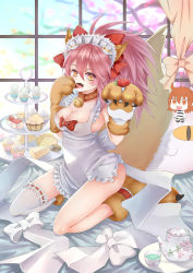 Rule 34 | 1girl, absurdres, ahoge, animal ears, animal hands, apron, bell, blush, breasts, cake, cat hair ornament, cat paws, chaldea uniform, cleavage, cloud, collar, day, fangs, fate/grand order, fate (series), food, fox ears, fox tail, fruit, fujimaru ritsuka (female), gloves, hair ornament, hair ribbon, hair scrunchie, highres, indoors, jingle bell, large breasts, long hair, looking at viewer, maid headdress, naked apron, neck bell, orange eyes, orange hair, orange scrunchie, paw gloves, paw shoes, pink hair, ponytail, red ribbon, ribbon, riyo (lyomsnpmp) (style), scrunchie, shoes, side ponytail, sitting, skirt, solo, strawberry, tail, tamamo (fate), tamamo cat (fate)