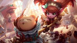 Rule 34 | 1girl, absurdres, brown gloves, brown pantyhose, cafe cuties poppy, coffee beans, colored skin, cup, day, dress, flower, gloves, green eyes, green flower, hair flower, hair ornament, hammer, headdress, highres, holding, holding hammer, indoors, league of legends, long hair, long sleeves, machine, mug, official alternate costume, official art, pantyhose, pink skin, pleated dress, pointy ears, poppy (league of legends), red dress, red hair, solo, table, twintails, window, yordle