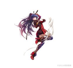 1girl absurdres boots brown_gloves dress fingerless_gloves full_body gloves high_heel_boots high_heels highres holding holding_sword holding_weapon honkai_(series) honkai_impact_3rd katana long_hair looking_at_viewer looking_back ponytail purple_eyes purple_hair raiden_mei raiden_mei_(valkyrie_bladestrike) red_dress shoe_soles simple_background solo sword thigh_boots very_long_hair weapon white_background zomzomzomsauce