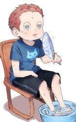 Rule 34 | 1boy, alternate costume, animal print, barefoot, black shorts, blue eyes, blue shirt, blue sleeves, brown hair, buckle, cat print, chair, commentary request, danganronpa (series), danganronpa v3: killing harmony, fanning self, frown, full body, half-closed eyes, hand fan, hand on lap, holding, holding fan, hoshi ryoma, hot, ice, ice cube, kogarashi 8, looking ahead, male focus, messy hair, motion lines, open mouth, partial commentary, shadow, shirt, short hair, short sleeves, shorts, simple background, sitting, soaking feet, solo, sweat, t-shirt, tuanshan, very short hair, white background