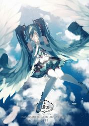Rule 34 | 1girl, angel wings, ankle ribbon, anniversary, artist name, backlighting, blouse, blue hair, blue ribbon, blue skirt, blue sky, blue theme, blurry, blurry background, boots, character name, cloud, cloudy sky, collared shirt, colored eyelashes, day, depth of field, detached sleeves, dutch angle, expressionless, eyelashes, closed eyes, feathered wings, feathers, flat chest, from above, full body, hair between eyes, hand to own mouth, hands up, hatsune miku, highres, knees together feet apart, leg ribbon, light, light particles, liita (dusk snow), long hair, magical mirai (vocaloid), magical mirai miku, magical mirai miku (2017), neck ribbon, outdoors, own hands clasped, own hands together, plaid, plaid ribbon, plaid skirt, pleated skirt, ribbon, shirt, skirt, sky, sleeveless, sleeveless shirt, solo, sparkle, thigh boots, thighhighs, twintails, very long hair, vocaloid, white feathers, white footwear, white wings, winged footwear, wings