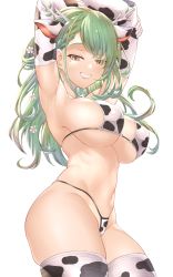 Rule 34 | 1girl, absurdres, animal ears, animal print, antlers, armpits, blush, braid, braided bangs, branch, breasts, ceres fauna, covered erect nipples, cow ears, cow girl, cow horns, cow print, cow print bikini, cowboy shot, flower, green hair, hair flower, hair ornament, highres, hololive, hololive english, honkivampy, horns, large breasts, long hair, looking at viewer, mole, mole under eye, multicolored hair, navel, print bikini, sideboob, single braid, smile, solo, swimsuit, thick thighs, thighhighs, thighs, virtual youtuber, white background, yellow eyes