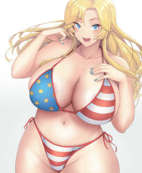 1girl american_flag american_flag_bikini american_flag_print bikini blonde_hair blue_eyes breasts cleavage curvy flag_print highres huge_breasts long_hair looking_at_viewer nail_polish navel open_mouth print_bikini sakurama_haruomi side-tie_bikini_bottom smile solo swimsuit thick_thighs thighs wide_hips