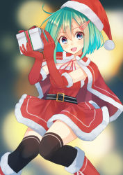 Rule 34 | 1girl, :d, alternate costume, aqua hair, belt, belt buckle, black thighhighs, blue eyes, blurry, bokeh, boots, bow, buckle, cape, christmas, collarbone, commentary, cowlick, depth of field, dress, elbow gloves, fur-trimmed boots, fur-trimmed cape, fur-trimmed gloves, fur trim, gift, gloves, green hair, hair ornament, hairclip, hat, holding, holding gift, knees together feet apart, looking at viewer, neck ribbon, open mouth, original, red cape, red dress, red footwear, red gloves, red ribbon, ribbon, santa costume, santa hat, shirai tanuki, short hair, smile, solo, strapless, strapless dress, takeda emi (shirai tanuki), teeth, thighhighs, thighs