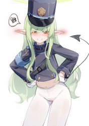 Rule 34 | 1girl, absurdres, black hat, black jacket, black tail, blue archive, blush, clenched teeth, cowboy shot, demon tail, gloves, green hair, green halo, halo, hat, hikari (blue archive), highres, jacket, long hair, long sleeves, pantyhose, peaked cap, pointy ears, saw272, simple background, solo, spoken squiggle, squiggle, tail, teeth, white background, white gloves, white pantyhose, yellow eyes