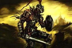 Rule 34 | 10s, 1boy, armor, byneet, commentary request, dark souls (series), dark souls iii, full armor, goblin slayer, goblin slayer!, helmet, holding, holding sword, holding weapon, male focus, partial commentary, plume, shield, solo, sword, weapon