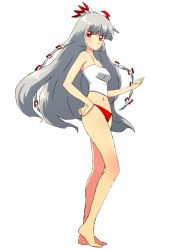 Rule 34 | 1girl, adapted costume, alternate costume, bad id, bad pixiv id, bare shoulders, blush, bow, breasts, camisole, female focus, fujiwara no mokou, hair bow, multi-tied hair, navel, non (z-art), panties, red panties, silver hair, simple background, small breasts, solo, touhou, underwear, underwear only, white background