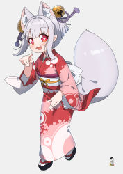 Rule 34 | 1girl, animal ear fluff, animal ears, bell, black footwear, blush, commentary, commission, fox shadow puppet, full body, grey background, grey hair, hair bell, hair ornament, hand up, heart, heart-shaped pupils, highres, japanese clothes, jingle bell, kimono, kuro kosyou, long sleeves, looking at viewer, obi, original, red eyes, red kimono, sandals, sash, simple background, skeb commission, solo, standing, symbol-shaped pupils, tabi, tail, white legwear, wide sleeves, zouri