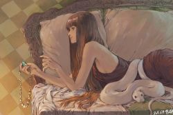 Rule 34 | 10s, 1girl, 2016, animal, artist name, bare shoulders, breasts, brown hair, dated, fantasy, from side, gem, highres, jewelry, lips, long hair, lying, necklace, nose, on bed, on stomach, original, pendant, profile, sideboob, signature, smile, snake, solo, text focus, tile wall, tiles, very long hair, watermark, white snake, witch, zennosuke
