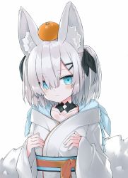 Rule 34 | 1girl, :3, animal ear fluff, animal ears, ars almal, black ribbon, blue eyes, blush, closed mouth, collarbone, commentary request, food, food on head, fruit, hair ornament, hair over one eye, hair ribbon, hairclip, japanese clothes, kimono, kuhotaka, long sleeves, looking at viewer, mandarin orange, nijisanji, obi, object on head, ribbon, sash, silver hair, simple background, sleeves past wrists, solo, two side up, upper body, virtual youtuber, white background, white kimono, wide sleeves