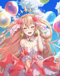 Rule 34 | 3.4, aurora (destiny child), balloon, bare shoulders, blue sky, bow, braid, breasts, brown hair, cleavage, cloud, destiny child, dress, flower, frilled dress, frills, hair flower, hair ornament, happy, highres, long hair, medium breasts, sky, smile