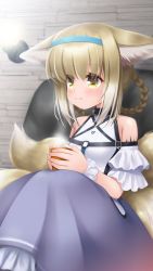 Rule 34 | 1girl, animal ear fluff, animal ears, arknights, bare shoulders, blouse, blurry, blurry background, blush, braid, braided hair rings, brown hair, closed mouth, clothing cutout, commentary request, depth of field, frilled skirt, frills, green eyes, hair between eyes, hair rings, highres, holding, indoors, infection monitor (arknights), irori (irorixc), looking away, multiple tails, purple skirt, shirt, short sleeves, shoulder cutout, skirt, smile, solo, suzuran (arknights), tail, wall lamp, white shirt, wrist cuffs