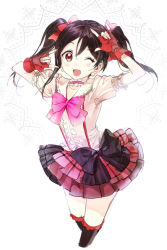 Rule 34 | 10s, 1girl, \m/, black hair, bokura wa ima no naka de, bow, double \m/, earrings, fingerless gloves, gloves, hair bow, idol, jewelry, looking at viewer, love live!, love live! school idol project, macciatto (aciel02), nico nico nii, one eye closed, open mouth, red eyes, short hair, smile, solo, twintails, yazawa nico
