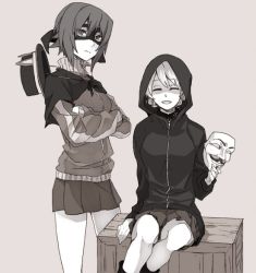 Rule 34 | 10s, 2girls, arm support, boots, box, braid, capelet, casual, closed mouth, commentary, darjeeling (girls und panzer), domino mask, facing viewer, girls und panzer, greyscale, guy fawkes mask, holding, hood, hoodie, jacket, light frown, long sleeves, looking at viewer, mask, miniskirt, monochrome, multiple girls, nishizumi maho, open mouth, pleated skirt, ree (re-19), short hair, sitting, skirt, smile, standing, track jacket, twin braids