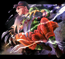 Rule 34 | 1boy, bald, blood, blood on face, choi bounge, claw (weapon), hat, jumping, male focus, socks, solo, striped clothes, striped legwear, striped socks, sunglasses, tentenkingyo, the king of fighters, weapon