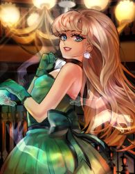 Rule 34 | 1girl, bare shoulders, blonde hair, blue eyes, blunt bangs, bow, breasts, choker, diamond (gemstone), disney, dominica ([=^o^=]), dress, ghost, gloves, gravity falls, green dress, green gloves, indoors, jewelry, lipstick, long hair, looking at viewer, makeup, pacifica northwest, portrait, small breasts, smile, solo, stairs, standing, strapless, strapless dress, wavy hair