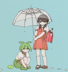Rule 34 | 2girls, absurdres, backpack, bag, bag charm, black hair, blue background, brown eyes, brown footwear, charm (object), collared shirt, commentary request, dress, flute, full body, green footwear, green shorts, hair over shoulder, highres, holding, holding umbrella, instrument, kaai yuki, kneehighs, knees to chest, long hair, looking at another, looking up, low ponytail, low twintails, multiple girls, pinafore dress, pleated dress, puddle, puffy short sleeves, puffy sleeves, rain, randoseru, recorder, red dress, sabaku (saba9), shirt, short dress, short sleeves, shorts, simple background, sleeveless, sleeveless dress, socks, squatting, standing, traditional media, transparent, transparent umbrella, twintails, umbrella, v arms, vocaloid, voicevox, watercolor pencil (medium), white shirt, white socks, yellow eyes, zundamon