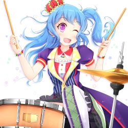 Rule 34 | 1girl, ;d, bang dream!, bead bracelet, bead necklace, beads, blue hair, blush, boots, bracelet, coattails, commentary request, cross-laced footwear, crown, cymbals, detached collar, drum, drum set, frilled skirt, frills, instrument, jacket, jewelry, long hair, looking at viewer, matsubara kanon, necklace, one eye closed, one side up, open mouth, purple eyes, purple jacket, short sleeves, sitting, skirt, smile, solo, star (symbol), striped, suit jacket, thigh boots, thighhighs, vertical stripes, yuzu izumi