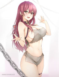 Rule 34 | 1girl, absurdres, bikini, blush, breasts, brown collar, chain, collar, fang, floating, floating object, glint, grey bikini, gs (onsen syndicate), hair down, hand up, heart, heterochromia, highres, hololive, houshou marine, key, large breasts, long hair, looking at viewer, navel, open hands, open mouth, pelvic curtain, red eyes, red hair, smile, solo, stomach, straight hair, swimsuit, virtual youtuber, yellow eyes