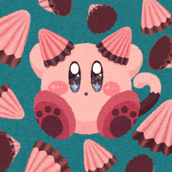 Rule 34 | :o, animal ears, arms up, blue background, blue eyes, blush stickers, cat ears, cat tail, chocolate, chocolate hair ornament, colored skin, commentary request, fake animal ears, food, food-themed background, food on head, kirby, kirby (series), miclot, nintendo, no humans, object on head, open mouth, paw print, pink footwear, pink skin, shoes, solo, sparkling eyes, tail, valentine