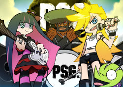 Rule 34 | 10s, 1boy, 2girls, afro, blonde hair, chuck (psg), drum, drum set, electric guitar, garterbelt (psg), guitar, highres, instrument, jewelry, microphone, microphone stand, multicolored hair, multiple girls, otosama, panty &amp; stocking with garterbelt, panty (psg), siblings, sisters, stocking (psg), thighhighs, two-tone hair