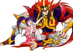 Rule 34 | 1990s (style), 1boy, 1girl, absurdres, age difference, artist request, black hair, blush, closed eyes, demon, demon boy, eating, enno chiaki, fang, food, full body, highres, holding, holding food, japanese clothes, kimono, kishin douji zenki, long hair, pointy ears, red hair, retro artstyle, size difference, smile, spiked hair, twintails, white background, zenki