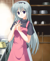 Rule 34 | 00s, 1girl, apron, blue eyes, clannad, cowboy shot, hairband, head tilt, indoors, kitchen, looking at viewer, odaya, odayan, own hands together, plate, sakagami tomoyo, shelf, short sleeves, silver hair, solo, standing, tray