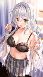 Rule 34 | 1girl, bare shoulders, bed, black bra, blurry, blurry background, blush, bra, breasts, cleavage, collarbone, commentary request, copyright request, depth of field, fujima takuya, green eyes, grey hair, grey skirt, hair between eyes, indoors, long hair, looking at viewer, medium breasts, navel, novel illustration, official art, open clothes, open mouth, open shirt, pantyhose, pleated skirt, shirt, short sleeves, skirt, solo, standing, sunlight, twitter username, underwear, very long hair, white shirt, window