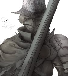 Rule 34 | 1boy, absurdres, abyss watcher, armor, bad id, bad pixiv id, cape, covered mouth, dark souls (series), dark souls i, dark souls iii, greyscale, gwan-e, helmet, highres, holding, holding sword, holding weapon, huge filesize, knife, male focus, monochrome, no pupils, pauldrons, shoulder armor, signature, simple background, single pauldron, solo, sword, throwing knife, torn cape, torn clothes, upper body, weapon, white background