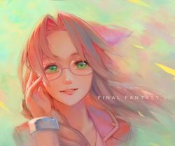 Rule 34 | 1girl, aerith gainsborough, bespectacled, bow, brown hair, eyebrows, final fantasy, final fantasy vii, forehead, glasses, green eyes, hair bow, lips, long hair, looking at viewer, parted lips, portrait, rotix, sidelocks, solo, teeth