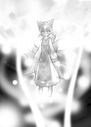 Rule 34 | 1girl, animal ears, animal hat, arms at sides, expressionless, female focus, floating, fox ears, fox tail, full body, greyscale, hat, long sleeves, looking at viewer, monochrome, multiple tails, no headwear, sleeves past wrists, solo, tabard, tail, tassel, touhou, wide sleeves, yakumo ran