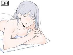 Rule 34 | 1girl, ak-12 (girls&#039; frontline), artist logo, breasts, commentary, completely nude, english commentary, closed eyes, facing viewer, fingernails, girls&#039; frontline, grey hair, hair bun, head tilt, j adsen, jewelry, large breasts, lying, nail polish, nude, on stomach, parted lips, pink nails, ring, simple background, single hair bun, smile, solo, towel, wedding band, white background