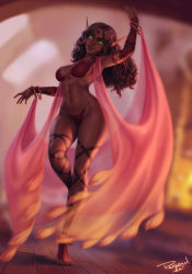 Rule 34 | 1girl, armlet, armpits, bikini, blurry, blurry background, bracelet, breasts, brown hair, circlet, closed mouth, dancer, dancing, dark-skinned female, dark skin, depth of field, detached sleeves, green eyes, hand up, highres, jewelry, large breasts, long hair, looking at viewer, navel piercing, personal ami, piercing, red bikini, shawl, signature, smile, solo, standing, standing on one leg, swimsuit, warcraft, wooden floor, world of warcraft