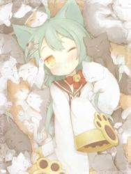 Rule 34 | 1girl, ahoge, akashi (azur lane), animal ears, azur lane, blush, cat, cat ears, closed mouth, green hair, hair ornament, long hair, long sleeves, nightmare cat, one eye closed, sleeves past wrists, solo, too many, too many cats, yellow eyes