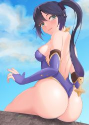 Rule 34 | 1girl, absurdres, ass, ass focus, back, black hair, blush, breasts, elbow gloves, genshin impact, gloves, green eyes, highres, huge ass, leotard, long hair, looking back, medium breasts, mona (genshin impact), nsfw oa, sideboob, sitting, sky, smile, solo, twintails