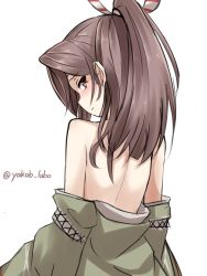 Rule 34 | 10s, 1girl, back, back focus, bare back, brown eyes, from behind, japanese clothes, kantai collection, light brown hair, looking at viewer, looking back, off shoulder, remodel (kantai collection), simple background, solo, twitter username, undressing, white background, yakob labo, zuihou (kancolle)