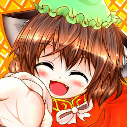 Rule 34 | 1girl, ^ ^, blush, chen, closed eyes, closed eyes, face, fang, female focus, kagura una, outstretched hand, smile, solo, touhou